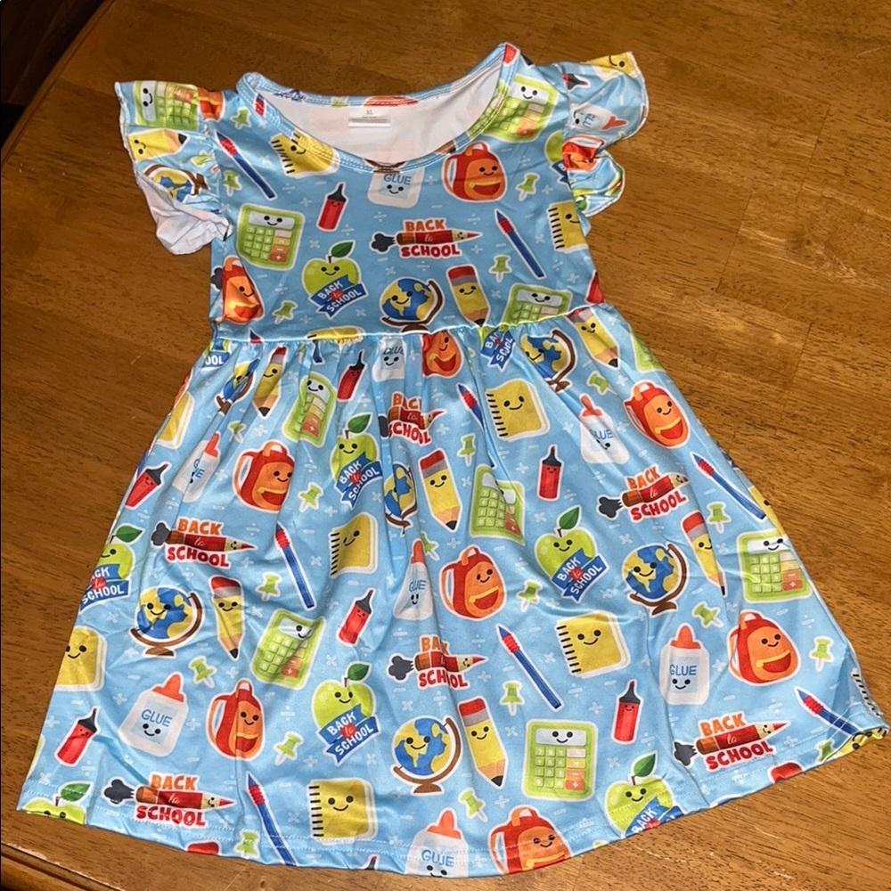 Back to School Girls XL 5-6T Blue Orange Yellow Ruffled Sundress Flutter Sleeves